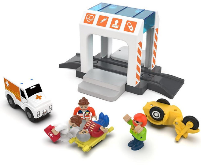 MyKaFort 나무 기차 세트 구조 및 병원 확장 팩 - 구급차 의사 의료 텐트 피규어 Brio Thomas 트랙과 호환 만 3세 이상 아동용 비상 역할 놀이 장난감 31