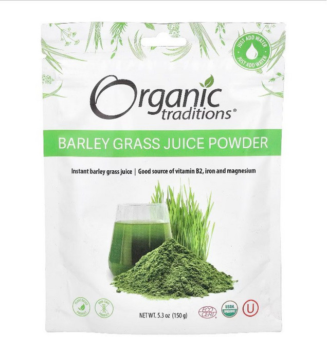Organic traditions 大麥草汁粉 150g 沖泡飲品 補充維生素B2鐵鎂, 1個, 1包