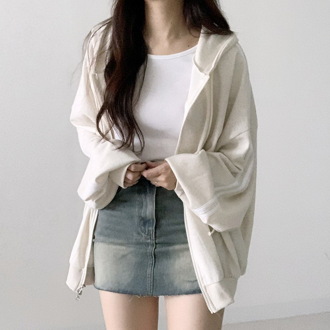 [국내제작/왕오버핏] 데이지클로젯 레이드 두줄 라인 긴팔 루즈핏 투웨이 빅사이즈 후드집업 / 봄 여름 가을 간절기 기본템 데일리룩 학생 교복템 트랙 심플 캐주얼 여성 여자 아우터