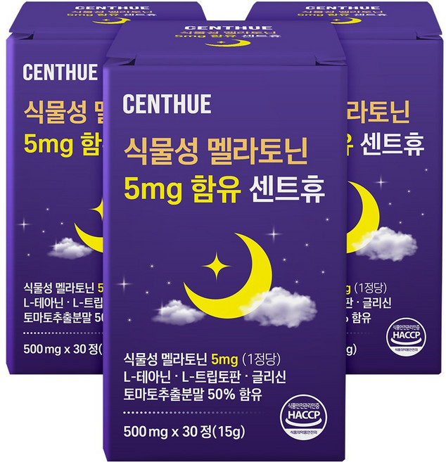 식물성 멜라토닌 5mg 함유 센트휴, 3개, 30정