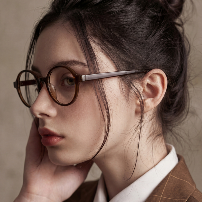 가벼운 동글이 유광 브라운 국산 TR 뿔테 안경테