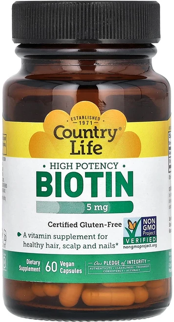 Country Life 고효능 비오틴 5mg 베지 캡슐 60정, 1개 - 쿠팡