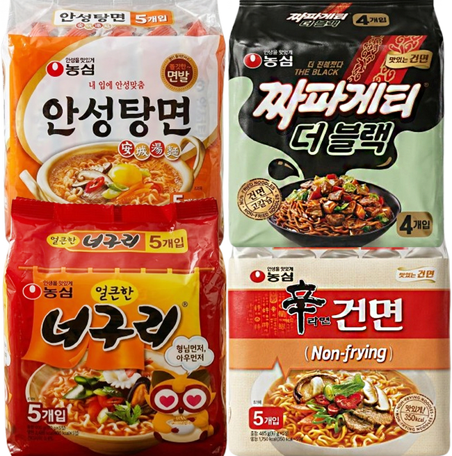 신라면건면 4입+ 안성탕면 5입+ 너구리5입 짜파게티 더블랙 4입 (총 18입), 18개