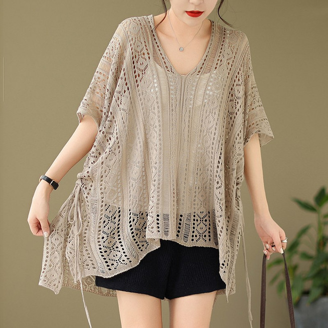 별후이 여성용 여름 빅사이즈 브이넥 펀칭 니트 루즈핏 자외선 차단 블라우스 반팔 티셔츠 AG06J