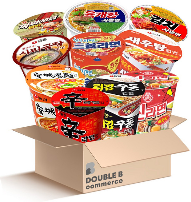 [더블비] 컵라면 소컵 10종 세트(신라면+사리곰탕면+안성탕면+새우탕면+육개장사발면+김치사발면+짜파게티범벅+진라면매운맛+삼양라면+튀김우동, 2세트