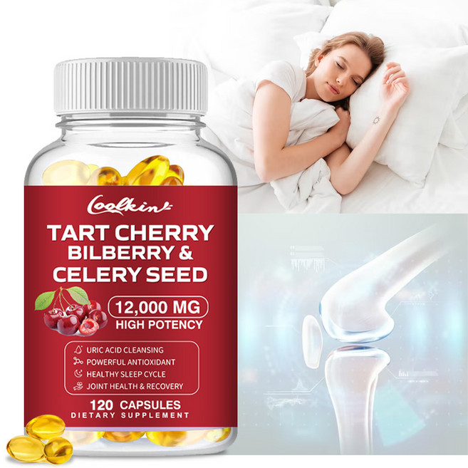 타트 체리 빌베리 & 셀러리 씨드 요산 정화 관절 건강 증진 건강한 수면 주기 및 근육 회복 120개 채식 캡슐, 1개, 120정