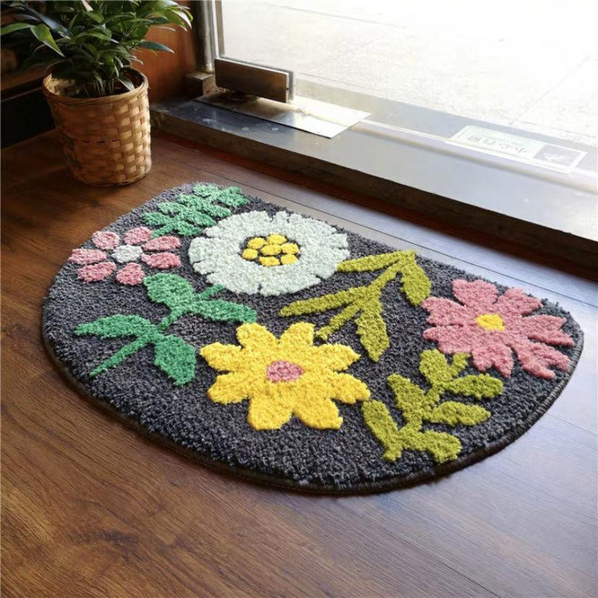 無品牌 半圓地毯 浴室腳墊 卡通花朵 防滑吸水門墊, 1個, 深灰小花半圓,30*40釐米 小體驗款
