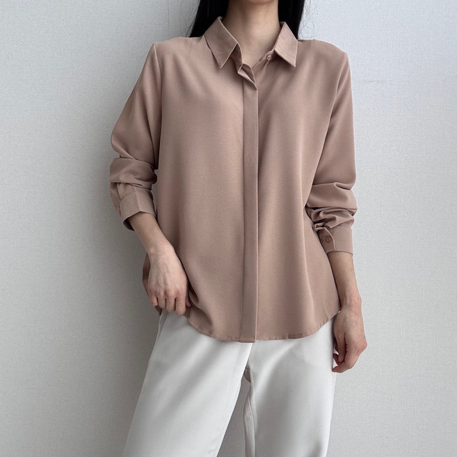 드몽 여성 링클프리 데일리 기본 긴팔 셔츠 구김없는 히든버튼 블라우스 빅사이즈 오피스룩