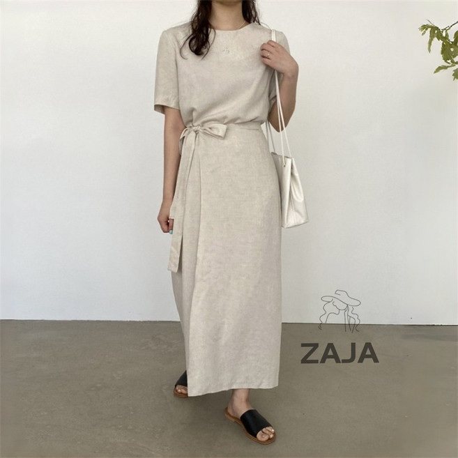 ZAJA 여름 여성 베이직 라운드 반팔 원피스 캐주얼 트임 롱원피스 오피스룩