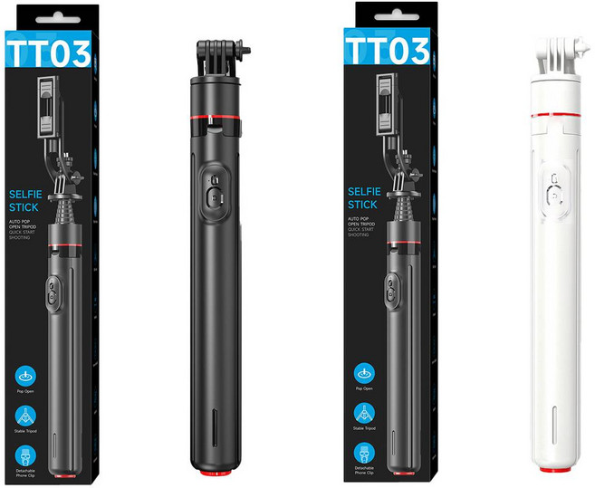 TT03 三腳自拍棒 1760mm 延長 輕巧便攜, 黑色, 1個, 自動開啟自拍桿