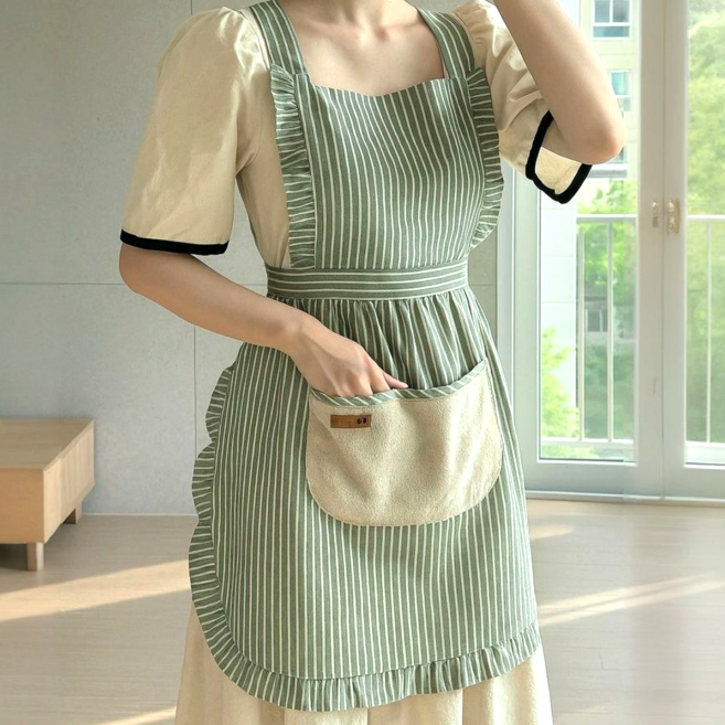 제르반 핸드타올 포켓 프릴 앞치마, 말차그린, 1개