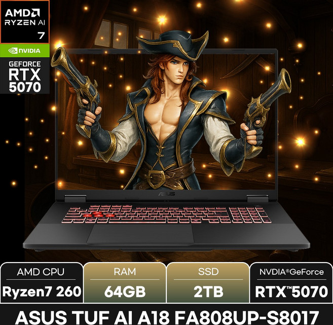 에이수스 2025 TUF 게이밍 노트북 A18 라이젠7 260 지포스 RTX 5070, FA808UP-S8017, WIN11 Home, 64GB, 2TB, 예거 그레이