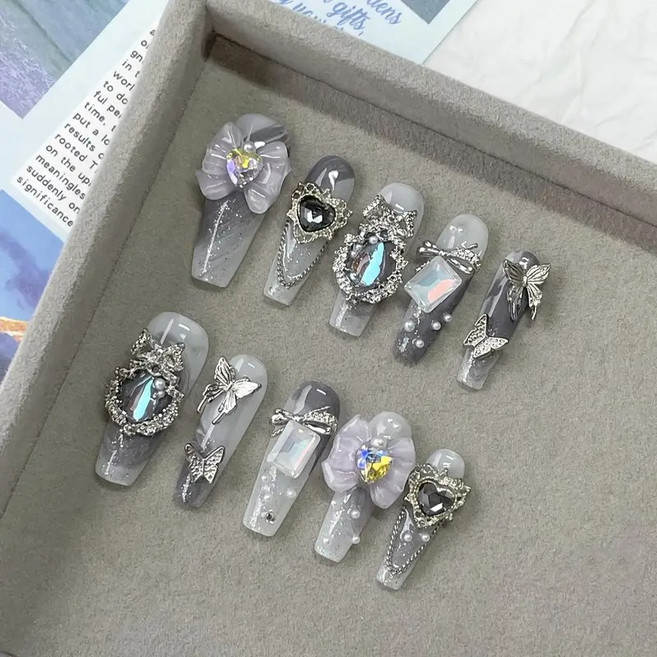 도쿄네일 10p 실버 포근한 그레이 여리여리핏 여성스러운 네일팁 탈착식 재사용 가능 아몬드형 해외여행 네일 아이돌 네일아트팁 대회용 무대용 인조손톱, 1개, 1디자인 XS사이즈