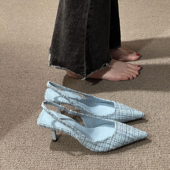 besteffie 봄 여름 여성하이힐 무지 패션 캐주얼 데일리 발편한 트위드 스틸레토 하이힐 뾰족 여성슈즈 C58