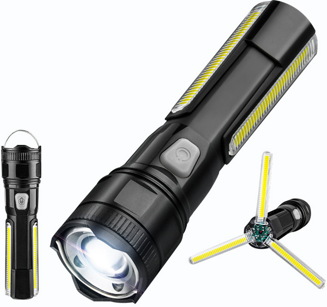 ZOZOFO 2in1 LED 줌 라이트 손전등 접이식 3패널 캠핑 랜턴, 1개, 블랙