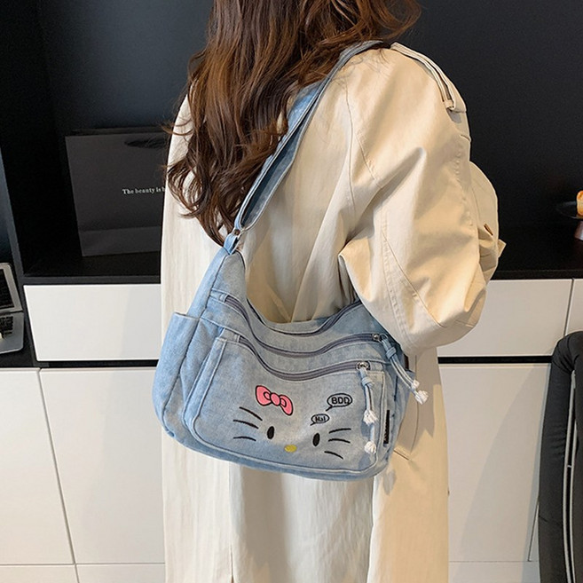 데님 가방 숄더백 크로스백 여성 캐주얼 고양이 자수 데일리 백