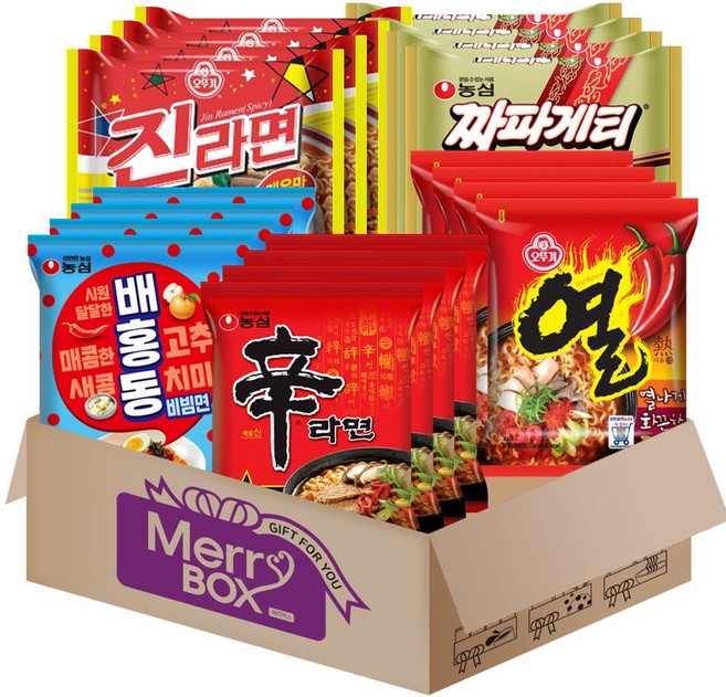 메리박스 봉지라면 세트(신라면4+진라면매운맛4+열라면4+짜파게티4+배홍동비빔면4), 1박스