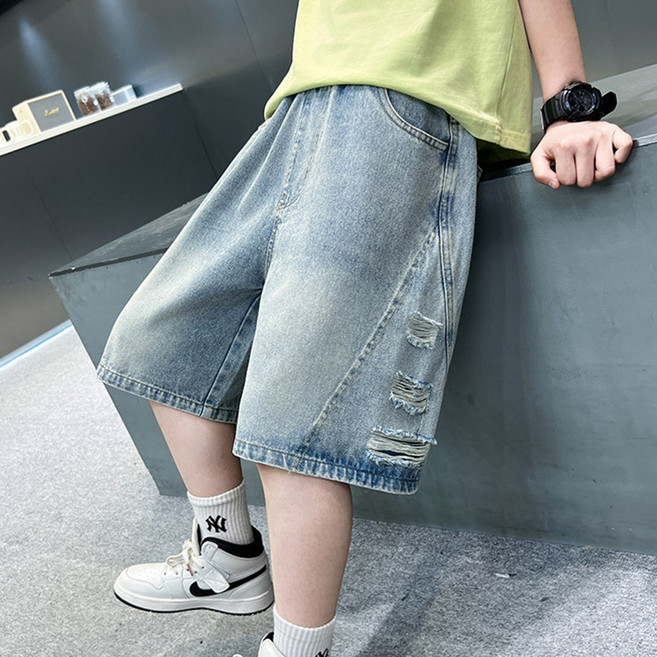 킵코헤짐청반바지 남아 찣청반바지 편안한 와이드데님 청반바지 아동용 여름바지 통큰 초등 중학생 아동 데일리룩 밴드 고무줄