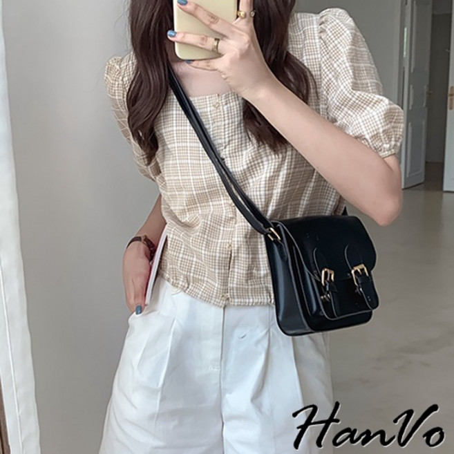 HanVo 小復古雙釦斜背包, 黑色