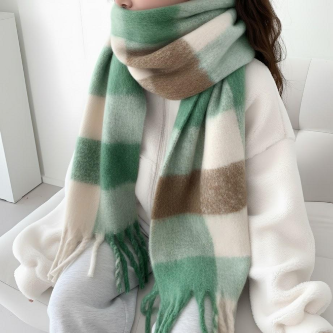 블루씨티 크림 스퀘어 체크 롱 머플러 목도리