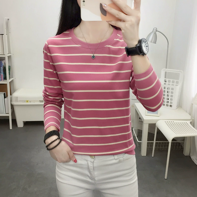 MS HOME 여성 라운드넥 면 티셔츠 스트라이프 긴팔