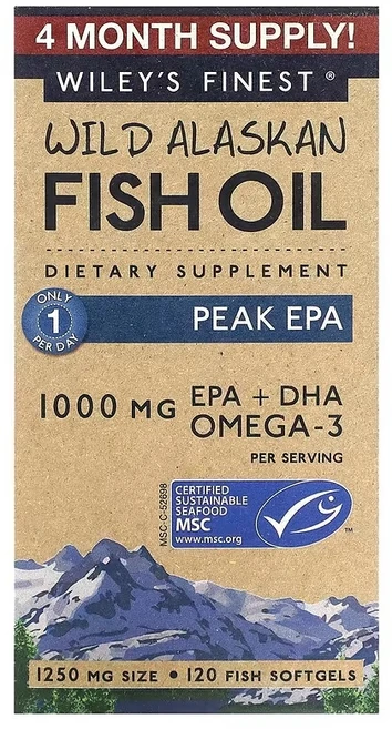 윌리스 파이니스트 Wiley's Finest 야생 알래스카 피쉬 오일 Peak EPA 1250mg 피시 소프트젤 120정, 1개 - 쿠팡