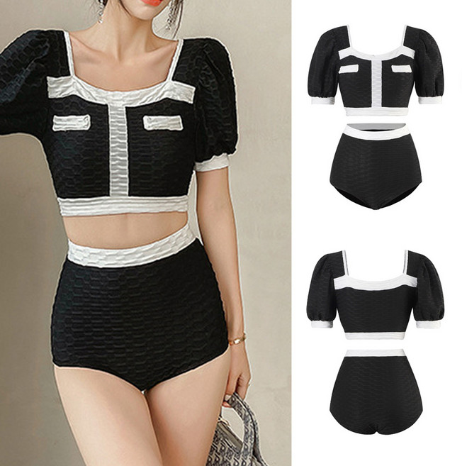 젤리비키 여성 투피스 퍼프 하이웨스트 투톤 수영복 비키니 세트, 블랙