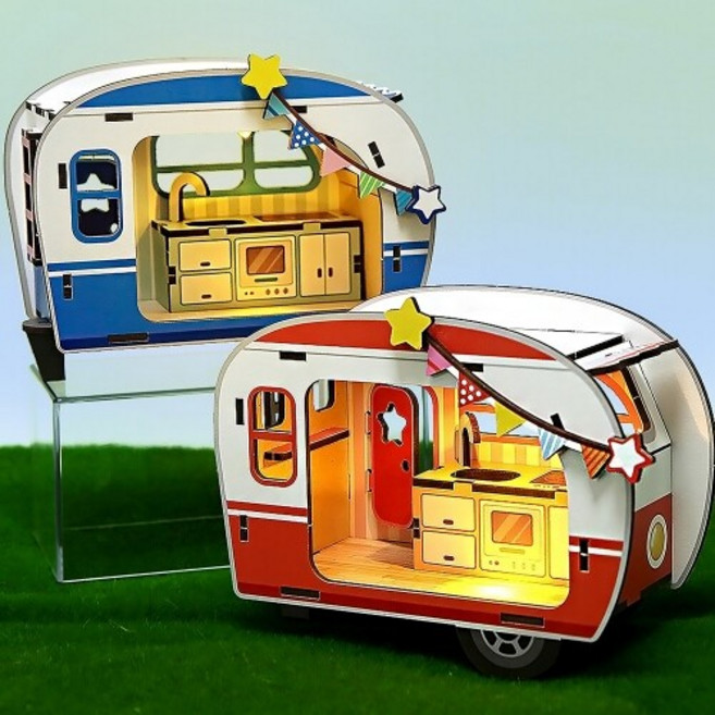 인쇄 우드 DIY 미니어처 감성 주방 카라반 캠핑카 만들기 놀이, 블루 주방 카라반   K-02-223