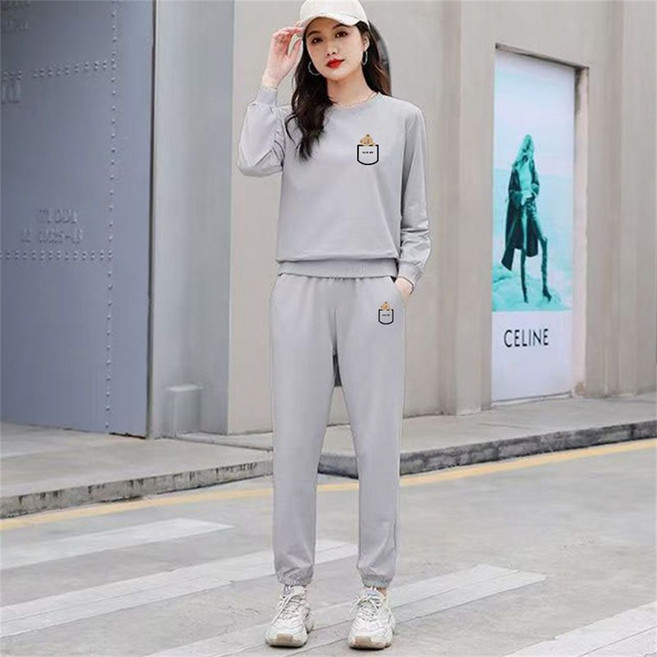 TKX 투피스 운동복세트 여성 봄가을 캐주얼 귀여운 프린트 라운드넥 상하의 KZ95