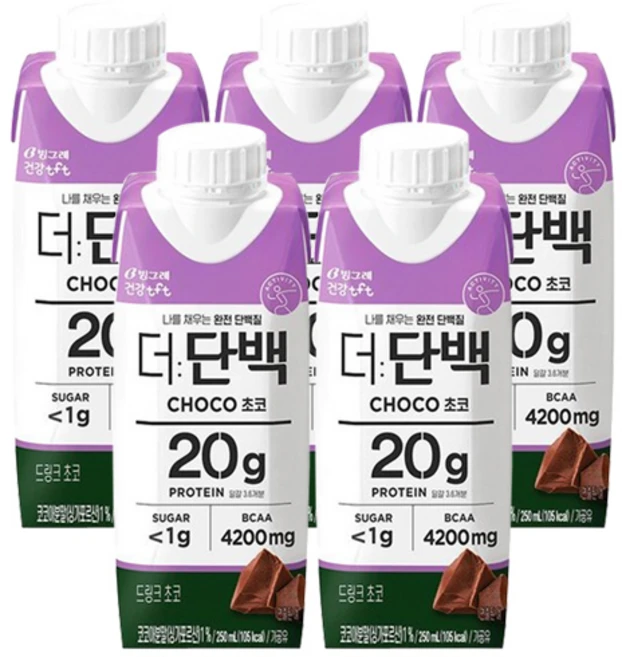 빙그레 더단백 드링크 초코 250ml / 우유단백질 20g 함유 저지방 단백질음료, 5개 - 쿠팡