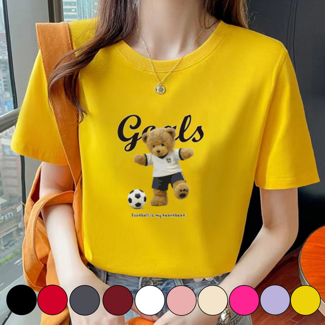 그리내 남여공용 라운드넥 여름 축구 곰돌이 프린팅 시원한 반팔티 커플티 가족티 단체티 동호회 캐릭터 이너 홈웨어 프린팅 티셔츠