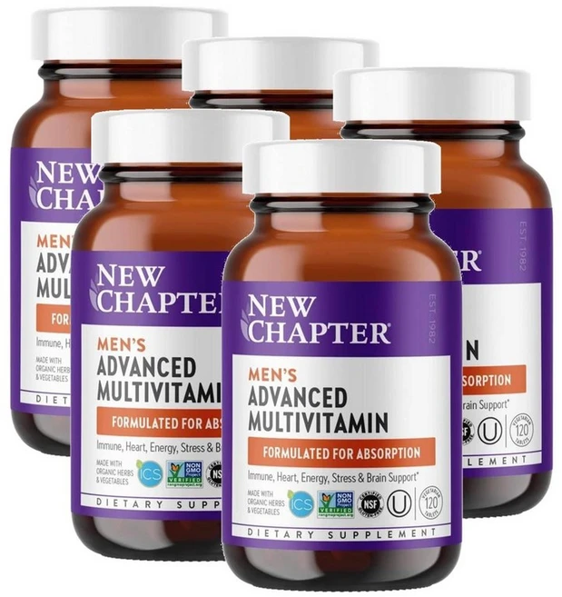 뉴챕터 남성 어드밴스드 멀티비타민 마카 호손 쏘팔메토 셀레늄 쐐기풀 New Chapter Men Multivitamin, 5개, 120정 - 쿠팡