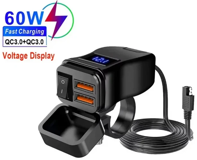 PD QC3 오토바이 USB 빠른 충전기 60W 핸들 스위치 전압계와 듀얼 USB 소켓 방수 12V 전원 공급 장치 어댑터, PD USB GG EW 039