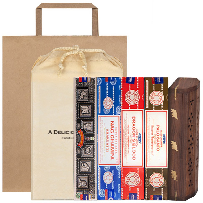 사티아 나그참파 인센스 스틱 4종 박스 홀더 세트(파우치+쇼핑백 증정), 01 시그니처 세트