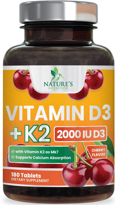 Nature's Nutrition 네이쳐스뉴트리션 K2+D3 2000IU 면역 및 심장 뼈 서포트 180타블렛, 1개, 180정
