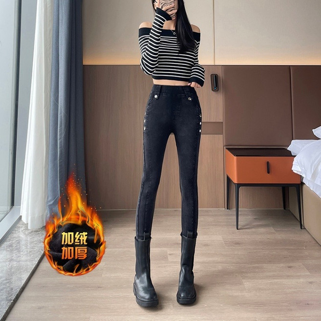女生刷毛保暖牛仔褲 - 冬季顯瘦彈力加厚小腳鉛筆褲