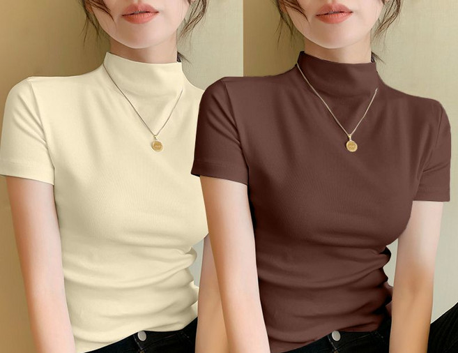 미중 여성 여름 뉴 1+1 면 반목 기질 슬림핏 이너셔츠 골지 무지 심플 반팔 yf