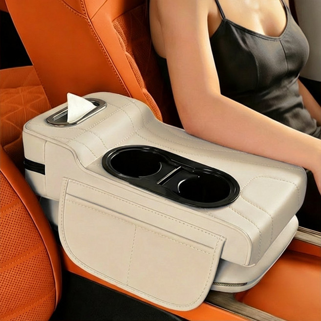 Mayho 차량용 콘솔쿠션 고탄성 자동차 팔걸이쿠션 컵홀더 티슈 팔받침대 수납함, 1개, 아이보리