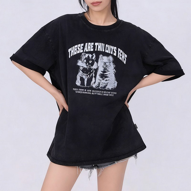 여성 오버핏 빈티지 워싱 반팔 티셔츠 루즈핏 면티 240G