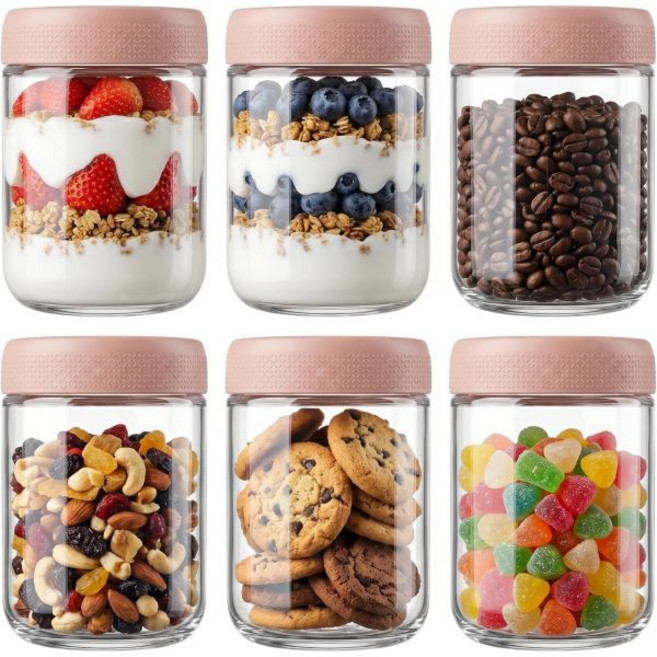 OcePor 6 Pack Overnight Oats Containers with Lids and Spoons 16 OZ Glass Mason Jars Large Capaci, Pink-1