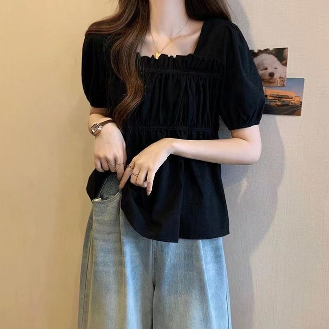 휠렉스 여성 주름 스퀘어넥 반팔 루즈핏 블라우스 JA15