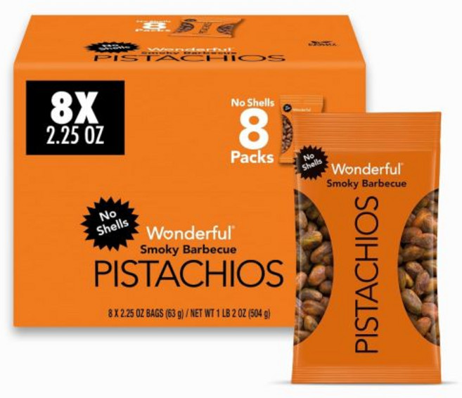 Wonderful Pistachios 피스타치오 원더풀 노 쉘스 3가지 맛 혼합 다양팩 32개 0.75온스 구운 소금 견과류 14개 칠리 9개 바다 소금과 식초 단백질 간식 대, 바베큐, 2.25 온스 (8팩)