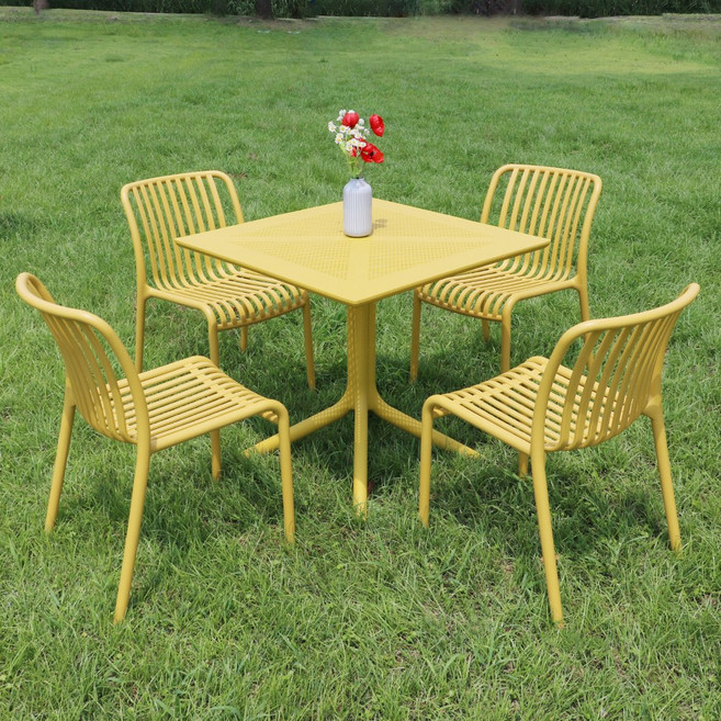 체어센스 카프리 테이블 800 사각 + 루나 체어 4인 세트 야외 의자 카페 플라스틱 정원 테라스, 카프리800사각 머스타드, 루나 머스타드 4개
