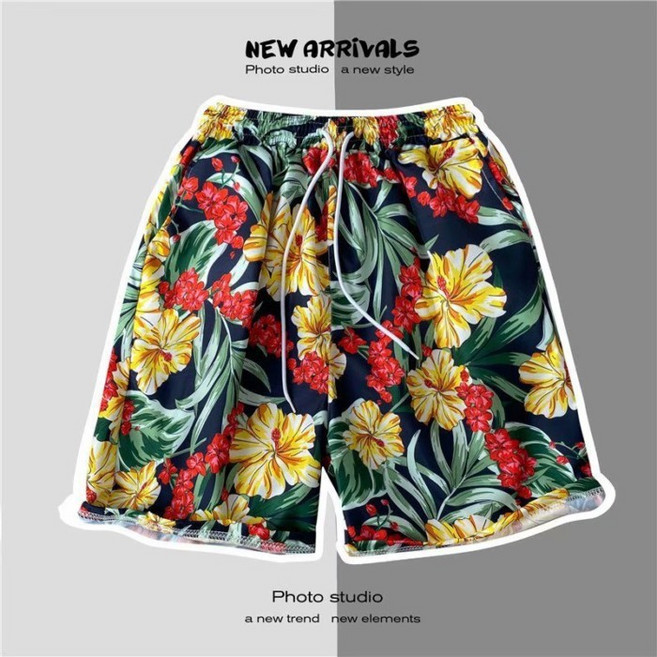 夏季海邊度假碎花寬鬆沙灘短褲, K1113黑,XXXL