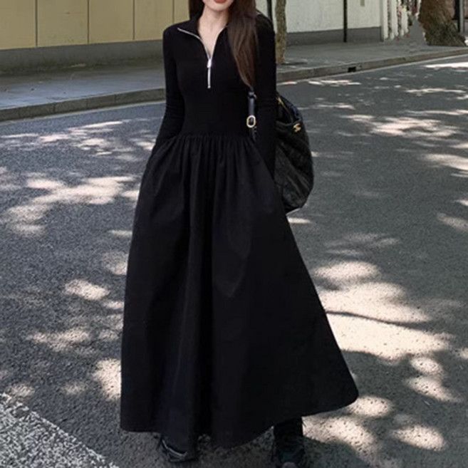 POMTOR 여성 심플 블랙 지퍼 롱슬리브 원피스