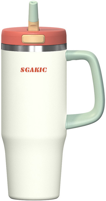 SGAKIC 원터치 보온보냉 텀블러 손잡이 차량용 대용량 빨대 물병, 크림, 1개, 1000ml