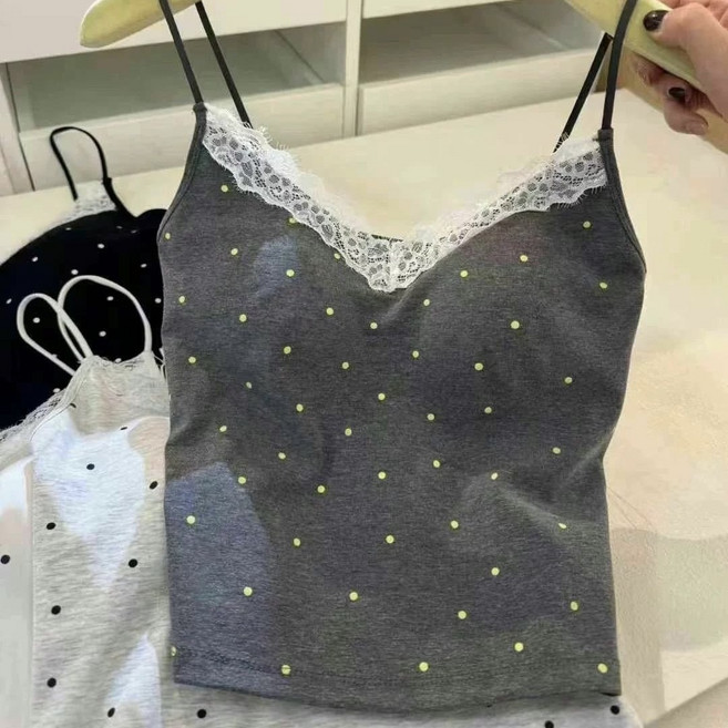 은무드 여성 도트 레이스 크롭 캡내장 끈 나시탑