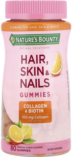 행복하고 건강하게 Nature's Bounty Optimal Solutions® 모발 피부 손발톱 구미젤리 및 비오틴 트로피컬 시트러스 구미젤리 80개 백년회로하세요, NaturesBountyOptimalSolutions모, 1개, 80정