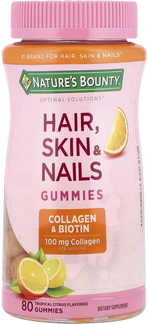 Nature's Bounty Optimal Solutions® 모발 피부 손발톱 구미젤리 콜라겐 및 비오틴 트로피컬 시트러스 구미젤리 80개, NaturesBountyOptimalSolutions모, 1개, 80정 - 쿠팡