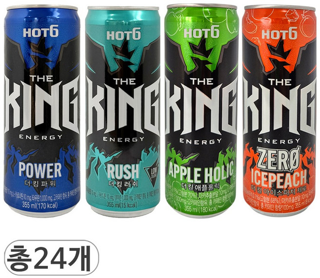 핫식스 더킹 파워 & 러쉬 & 애플홀릭 & 아이스피치 제로 4가지맛 혼합 에너지드링크, 24개입, 355ml
